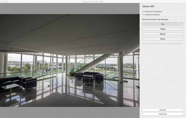 La fenêtre d'aperçu de fusion HDR