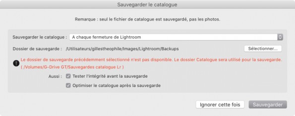 avertissement backup